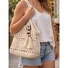 Gehäkelte Tragetasche für Damen Weiß Durchbrochene Stricktasche mit Perlenfransen-Anhänger Verstellbare lange Träger Boho Strandtasche