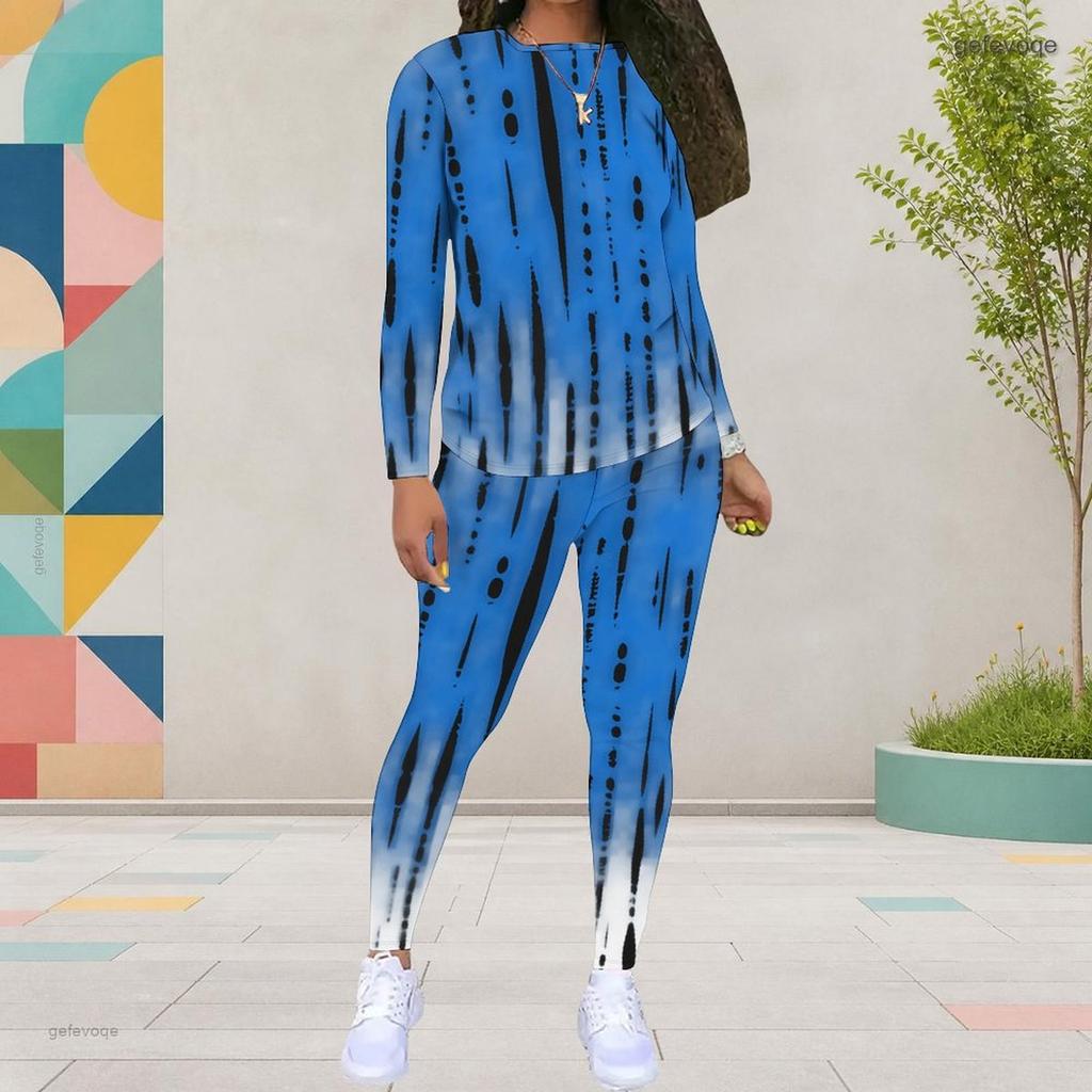 Women Plus Size Round Neck Long Sleeve Printed Top And Fitted Pants Two Piece Set