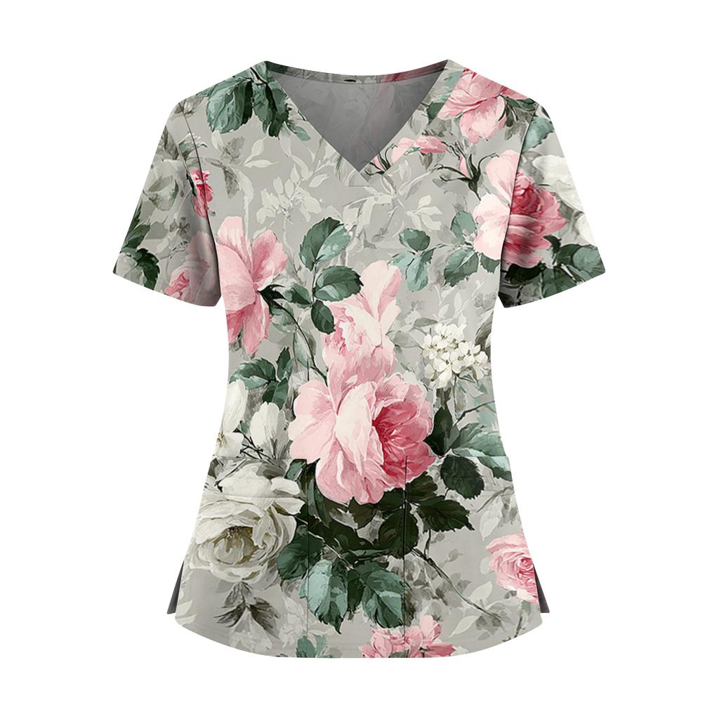 Women's floral print V-neck double pocket short-sleeved uniform/caregiver top with slits at the hem