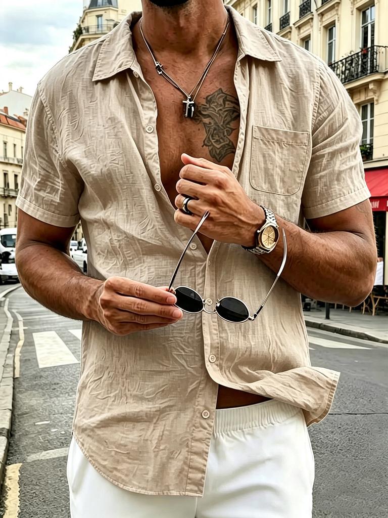 Men's White Textured Short Sleeve Button-Up Shirt with Chest Pocket - Lightweight Summer Vacation Top
