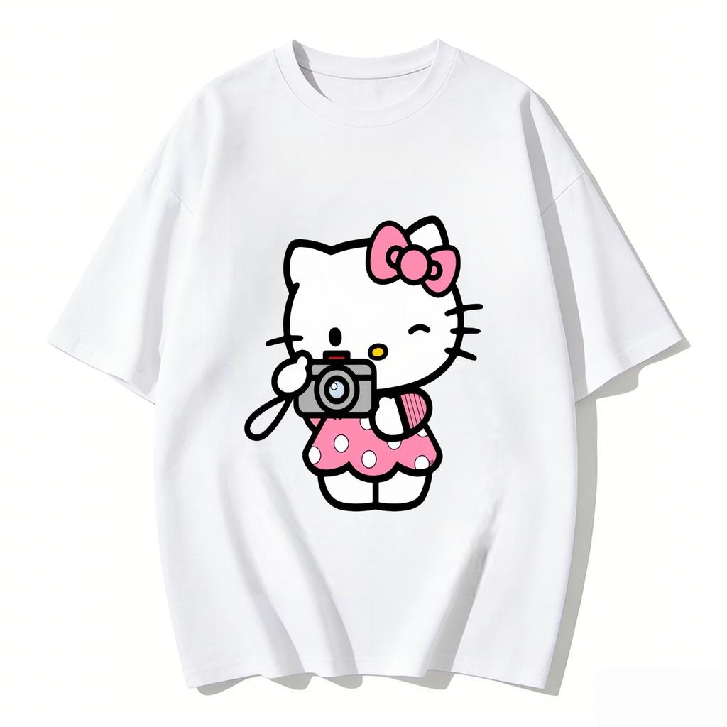2026 New Hello Kitty Camera Cartoon Print Tshirt Family Matching Outfits Casual Short Sleeve Tee for Women Unisex Kid Highquality