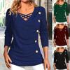 Autumn and Winter Fashion Elegant Solid Color Button Cross Strap Design V-neck Thin Plus Size Women's Long Sleeve T-shirt