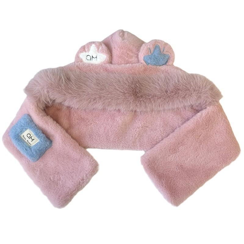 Embroidered bear hat scarf integrated schoolgirl cute warm winter plush scarf cover ear protection