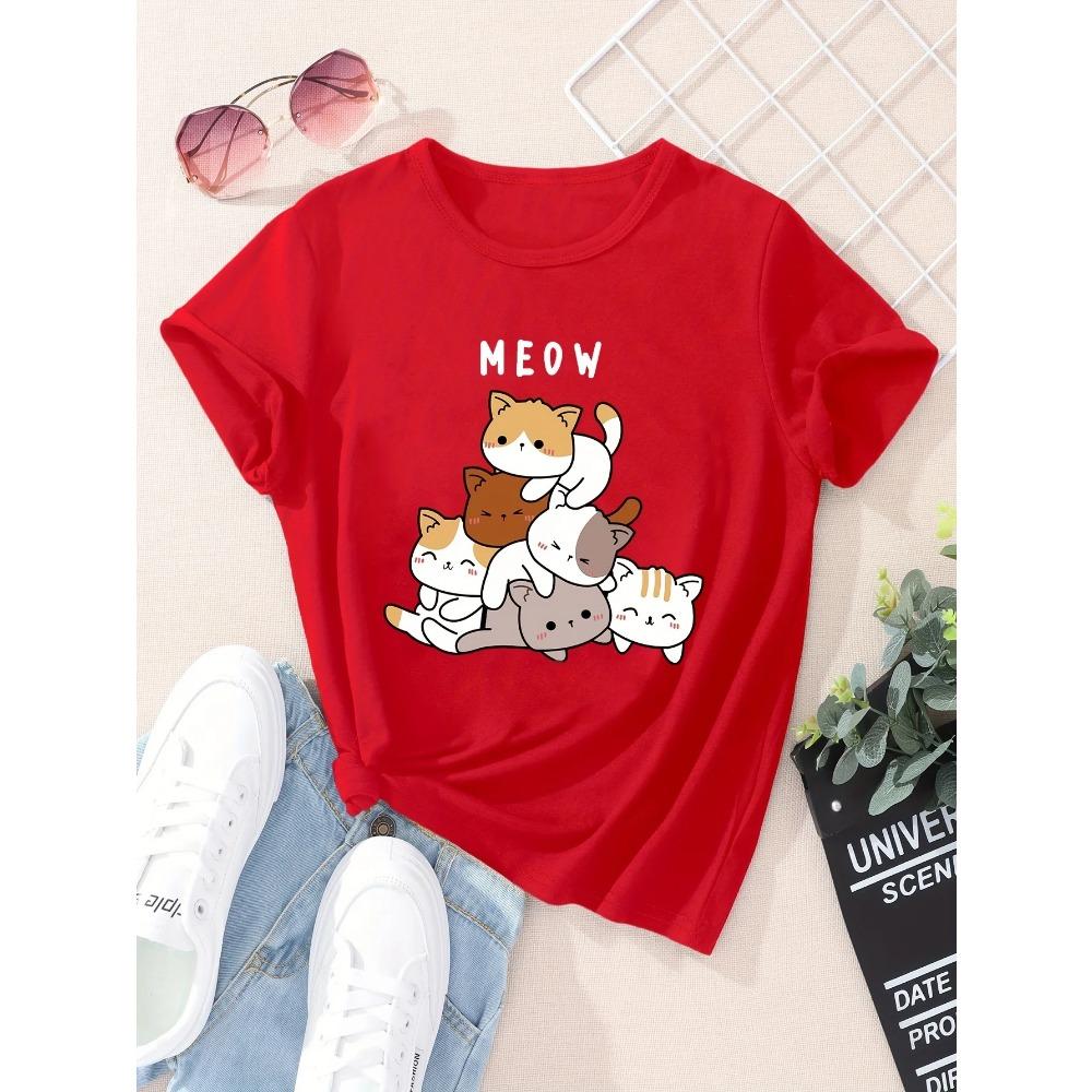 Woman's Summer Creative Cute Cat Print Casual Round Neck Short Sleeve Daily Casual Woman TShirt Clothing