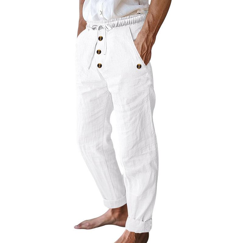 Fashion Men's Solid Colour Cotton Linen Loose Drawstring Button Casual Trousers Man