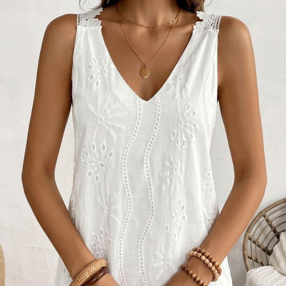 A-line Summer Casual Skirt Embroidery Mid Dress Fashion V-Neck Lace Dress  Beach Vacation