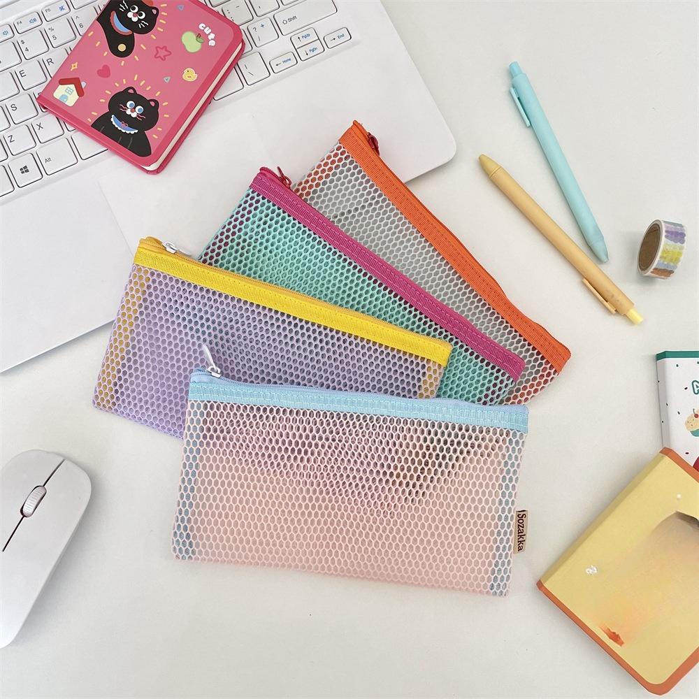 Simple Transparent Zipper Pencil Case Mesh Cosmetic Storage Bag Clear Stationery Bag Nylon Makeup Pouch Portable Travel Handbag