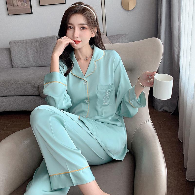

Женская мода весна и осень домашняя одежда из ледяного шелка 2 предмета с длинным рукавом и длинными брюками пижамный комплект женская домашняя одежда XL