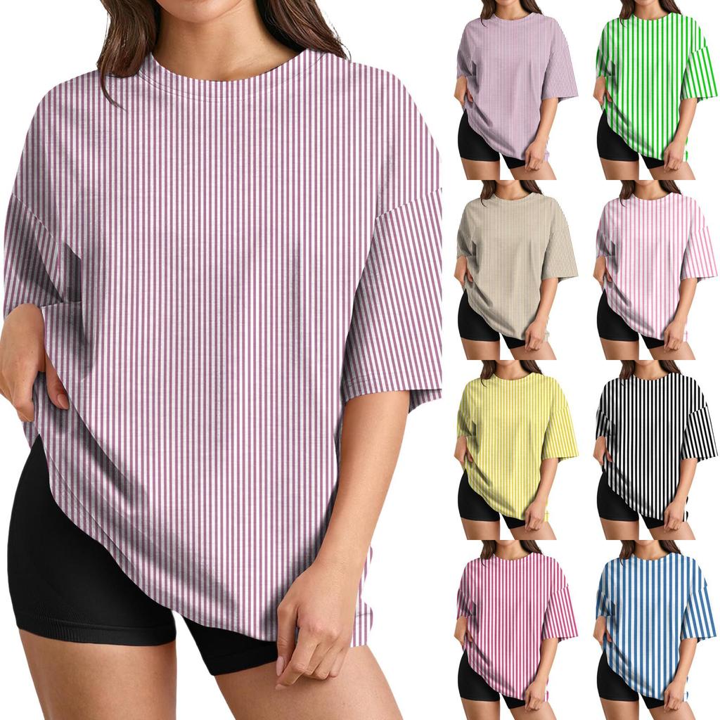 Women’s Casual Loose Fit Striped Short Sleeve Top Summer Oversized Pullover Crew Neck Lightweight Relaxed T Shirt Blouse