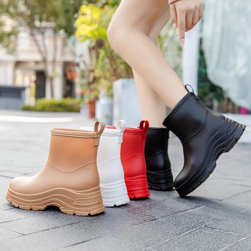 Rain Boots Women's Short Tube Rubber Shoes Adult Non Slip Water Boots Thick Soled Water Plus Velvet Short Thick Rain Women