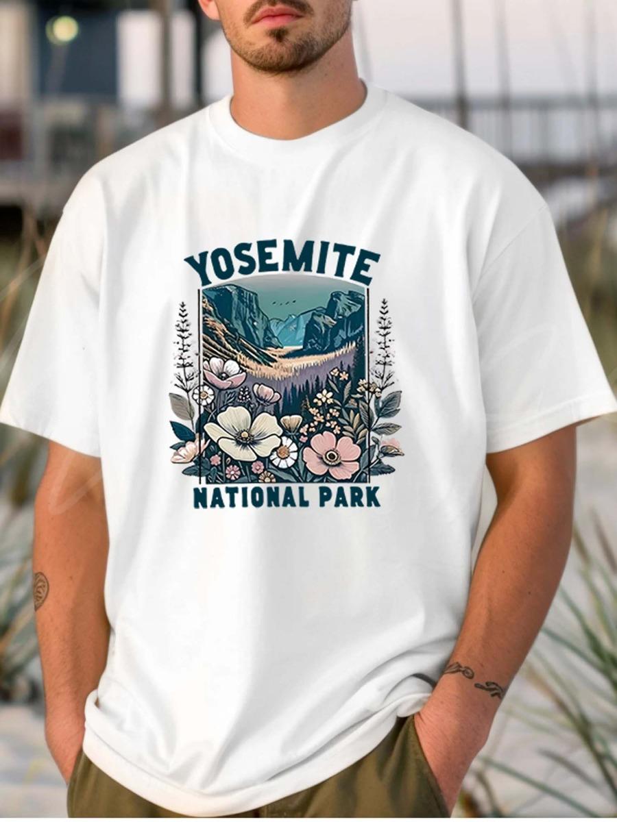Summer Soft and Breathable Round Neck Short Sleeved Men s T-shirt Yosemite National Park Scenic Theme Top S белый