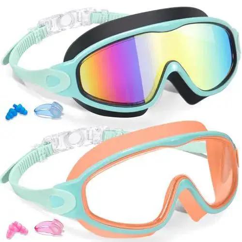 2 Pack Anti-Fog Anti-UV Swimming Goggles HD Diving Goggles with Earplugs Anti Choking Women Men Large Frame Silicone Swim Ggles