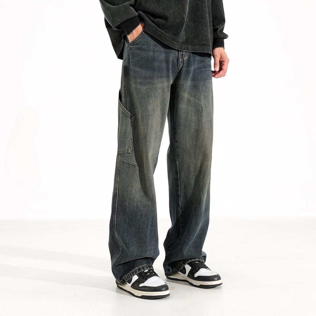 Autumn American Retro Washing Tool Drawstring Jeans Men's Loose Straight Pants