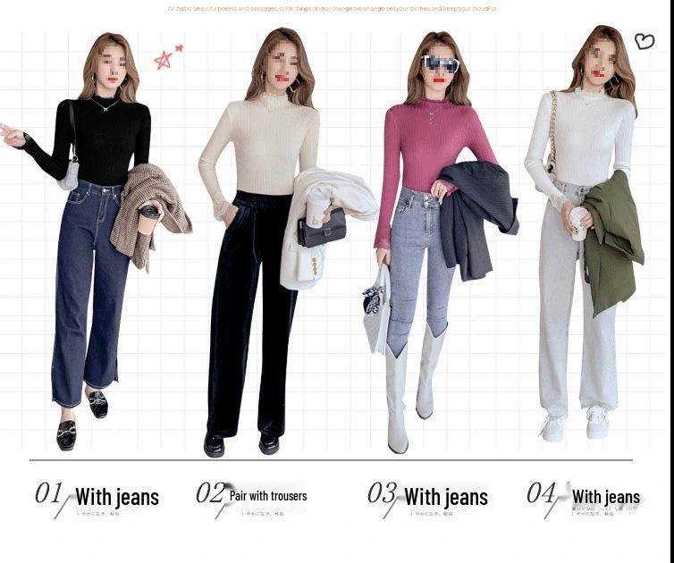 Lace Trim Semi-High Neck Slim Fit Women's Sweater - Apricot Knit Long Sleeve Top