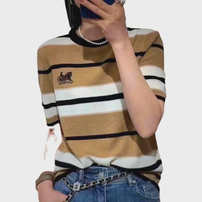Women's 2025 Summer Striped Horse & Carriage Knit T-Shirt - Light Luxury, Slim Fit, Short-Sleeve, Round Neck