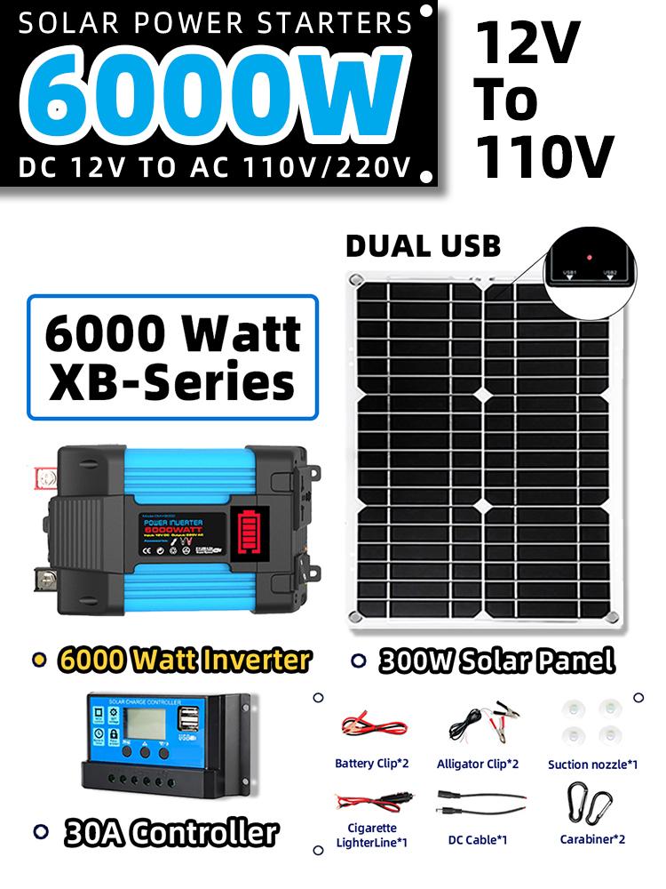 Solární panelový systém 12V až 110V/220V, 600W, regulátor nabíjení solárních panelů, sada solárního invertoru 6000W, kompletní generátor energie