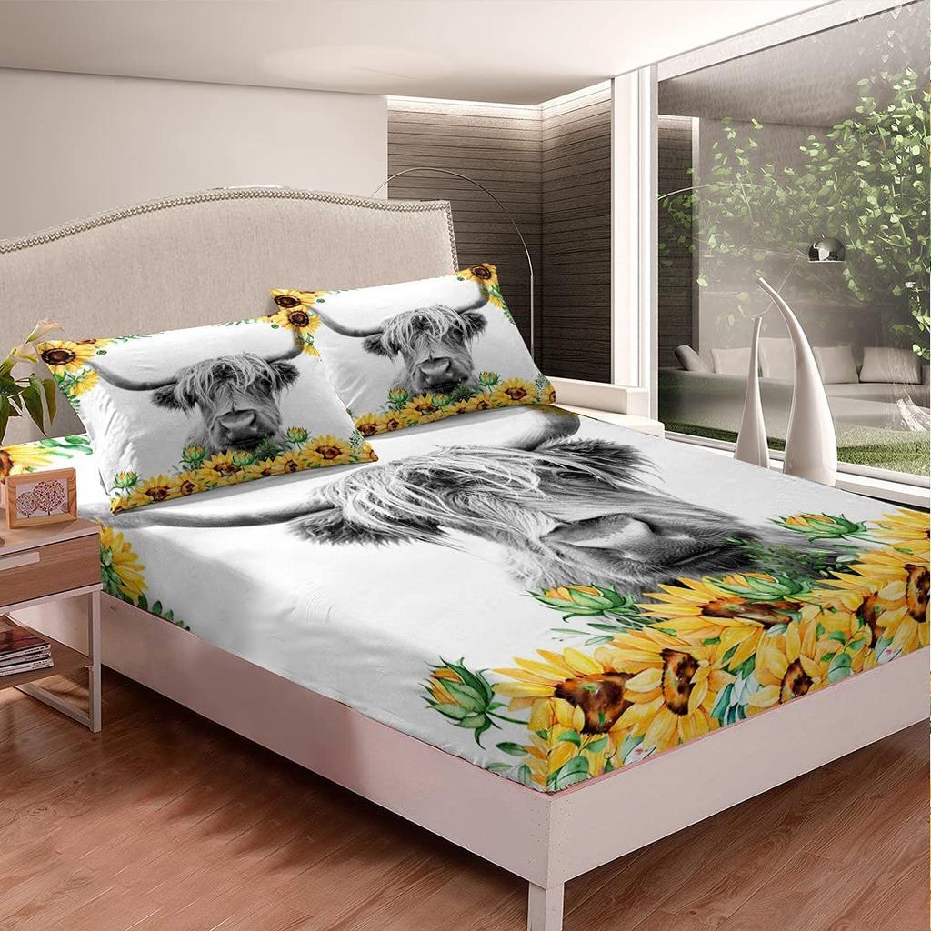 Highland Cow Fitted Sheet,Bull Cattle Bedding Set Yellow Sunflower Print Fitted Bed Sheets Western Farmhouse Theme Cow Bed Decor