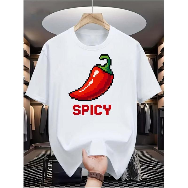 Camiseta Gráfica de Chile Picante para Hombre - Cuello Redondo Casual de Verano, Estampado Streetwear, Lavable a Máquina para Ropa Casual, Corte Relajado