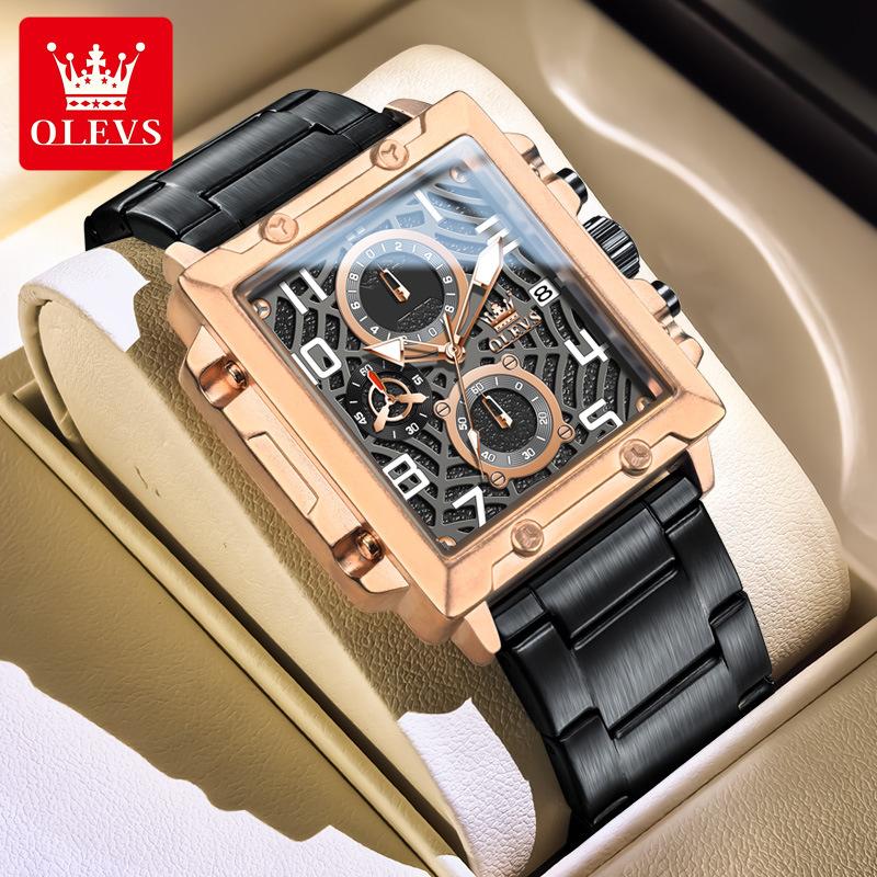 OLEVS Mens Watch Original Square Quartz Watch Waterproof Luminous Stainless Steel Sport Clock Reloj Watch For Men