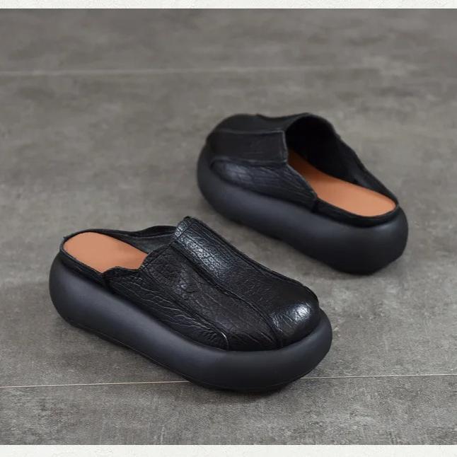 Johnature Vintage Genuine Leather Thick Soled Outdoor Slippers Round Toe Women's Slip-on Shoes