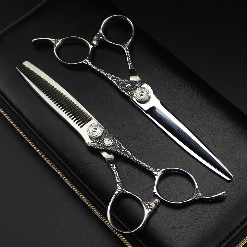 6.0  DWS God Walker Carved Handle Samurai Straight & Serrated Hairdressing Thinning Shears DWS Straight Shears