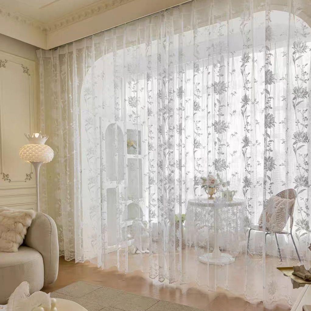 1pc Bohemian Sheer Lace Yarn Curtain Panel with Floral Patterns – Elegant Rod Pocket Window Drapery for Living Room or Bedroom