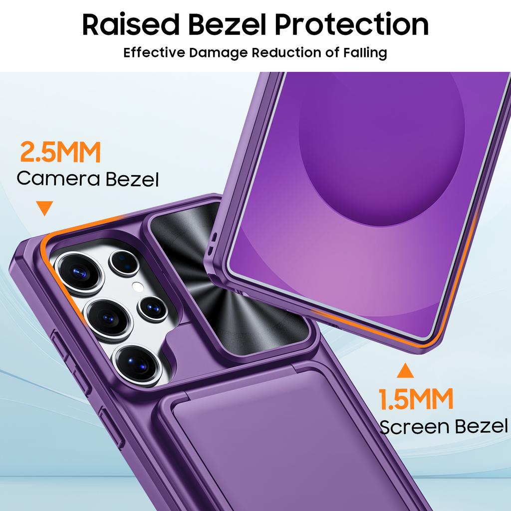RFID Blocking Phone Case with Wallet Card Holder Raised Bezel and Sliding Lens Cover for Samsung Galaxy S25 Ultra-Purple