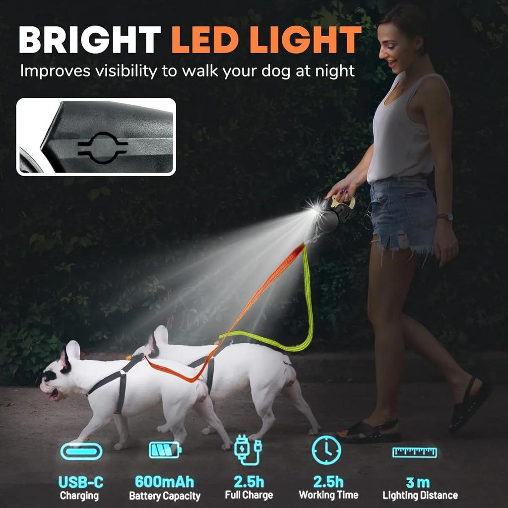 Outdoors 3m Leash for Big Dog with Flashlight Automatic Retractable Pet Double Rope One Tow Two Pet Walking Protection Ropegift