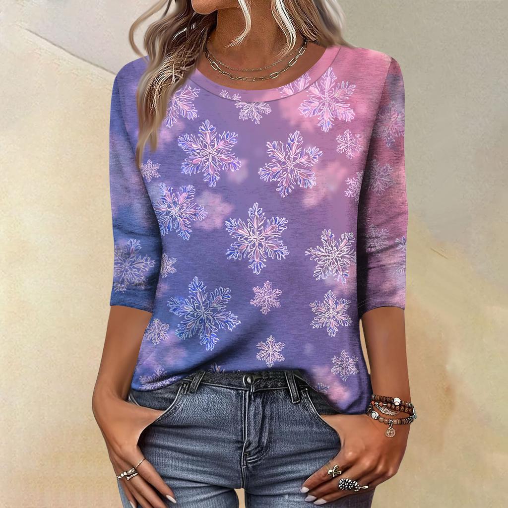Women's Fashion Casual Christmas Tree Printed Round Neck Three-Quarter Sleeve T-Shirt Top