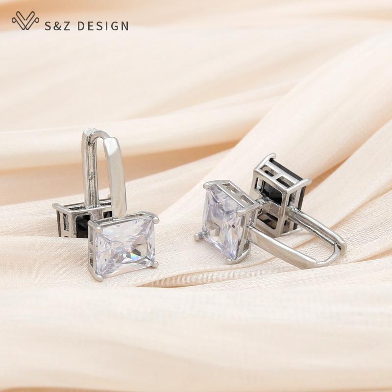 Fashion Double Sided Rectangle Cubic Zirconia Drop Earrings For Women Wedding Elegant Trendy Jewelry Gift