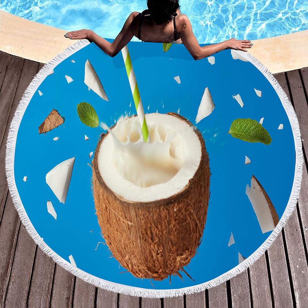 Hawaii Tropical Fruit Coconut Round Beach Towel with Tassels, Microfiber Quick Dry Absorbent Pool Towel Sand Free Beach Blanket