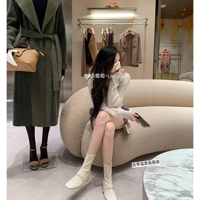 Temperament Small Square Head Rivet One Word Knight Boots Thick Heel Skinny Ankle Boots Long Boots Women