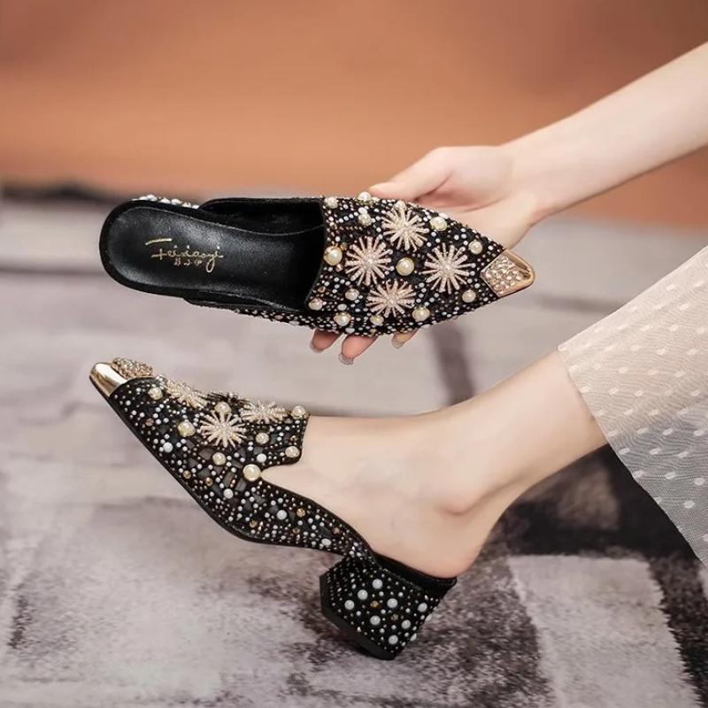 Summer Women Shoes High Heels Sandals Pointed Toe Bling Pearl Rhinestone Slipper Girl Street Trend Pumps