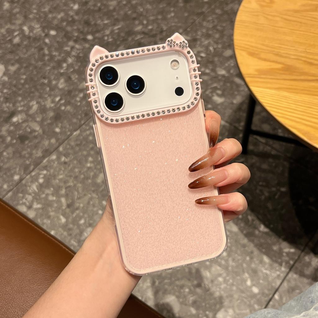 Luxury Cat Ears Diamond Set Glitter 2 IN 1 Phone Case For iPhone 11 12 13 14 15 17 Pro Max 16 Plus Soft Bumper Back Cover
