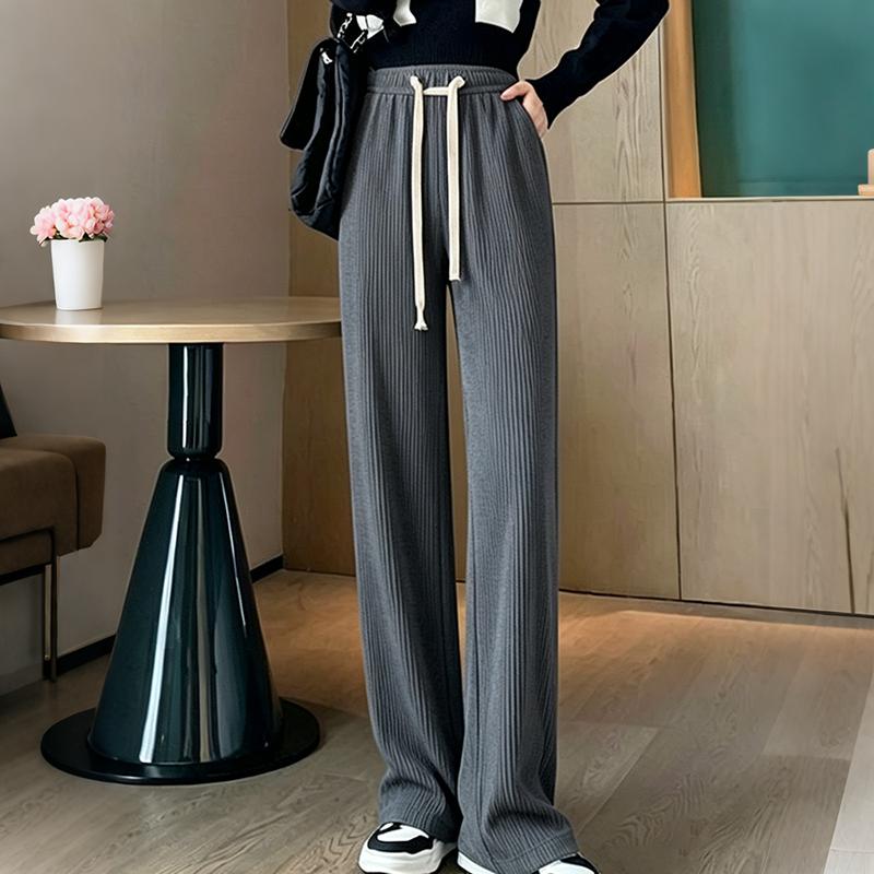 Women Wide Leg Pants High Waisted Casual Loose Fit Ribbed Knit Trousers with Drawstring