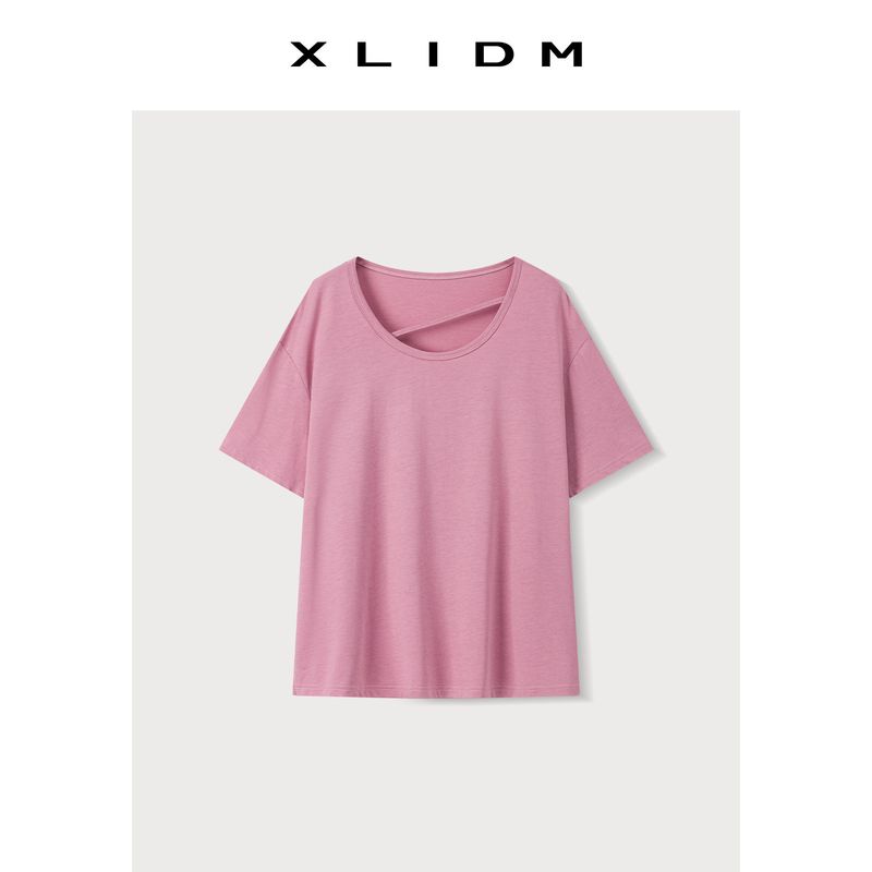 

Xiao Li Plus size women clothing Care-Free Cool Feeling Tencel Cotton Design Sense Summer Loose Drop Shoulder Split Short sleeve T-shirt Rose Pink (Spot) 2XL