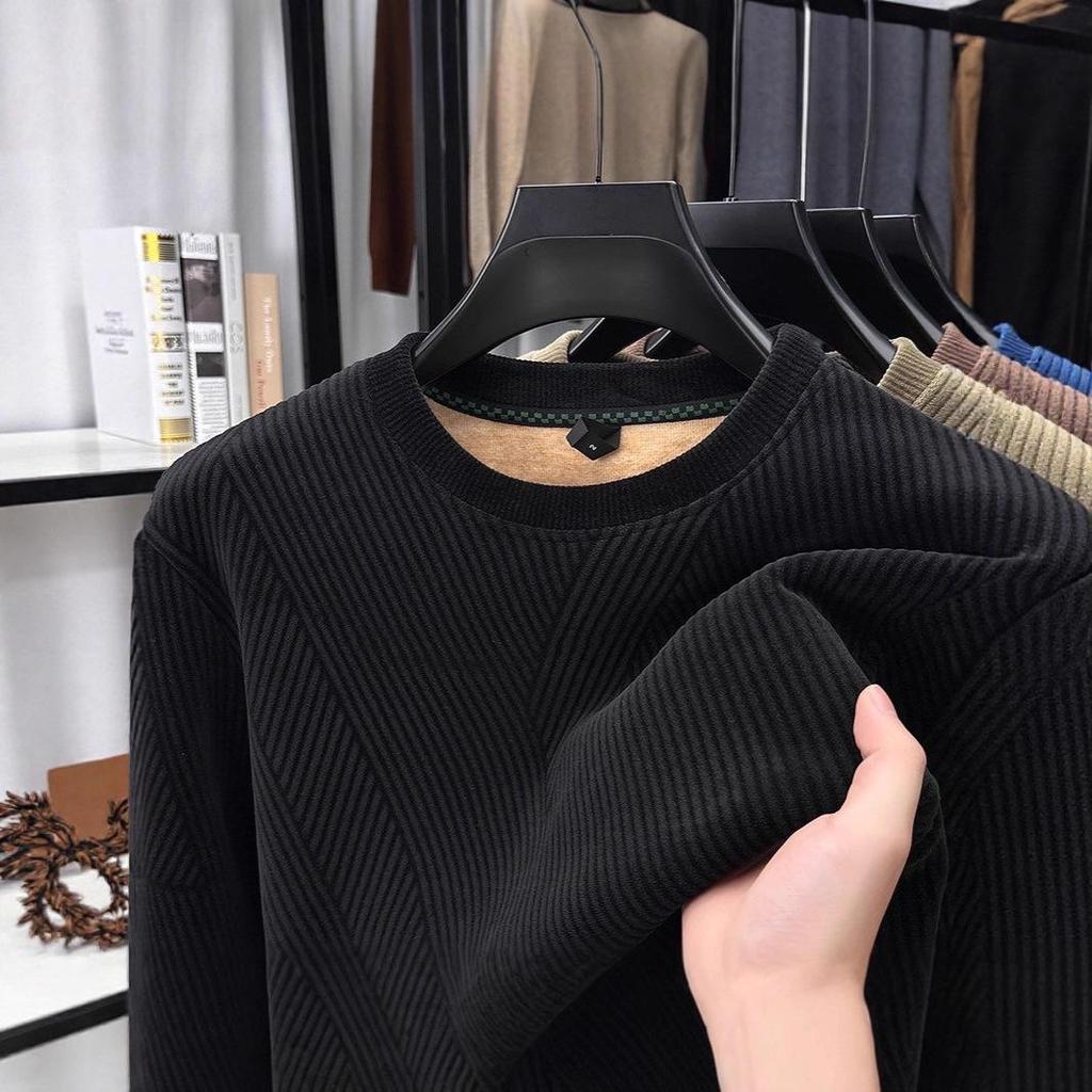Men's Fashion Long-Sleeve Velvet Warm Hoodie - Autumn/Winter Round Neck Knit Casual Top