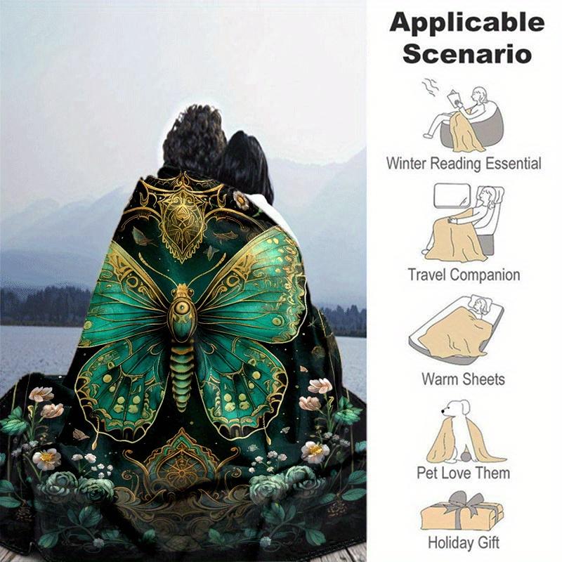 1pc Green Butterfly Printing Lightweight Flannel Blanket, Comfortable and Warm Blanket, for Camping Sofa Bed and Couch Office, Gift