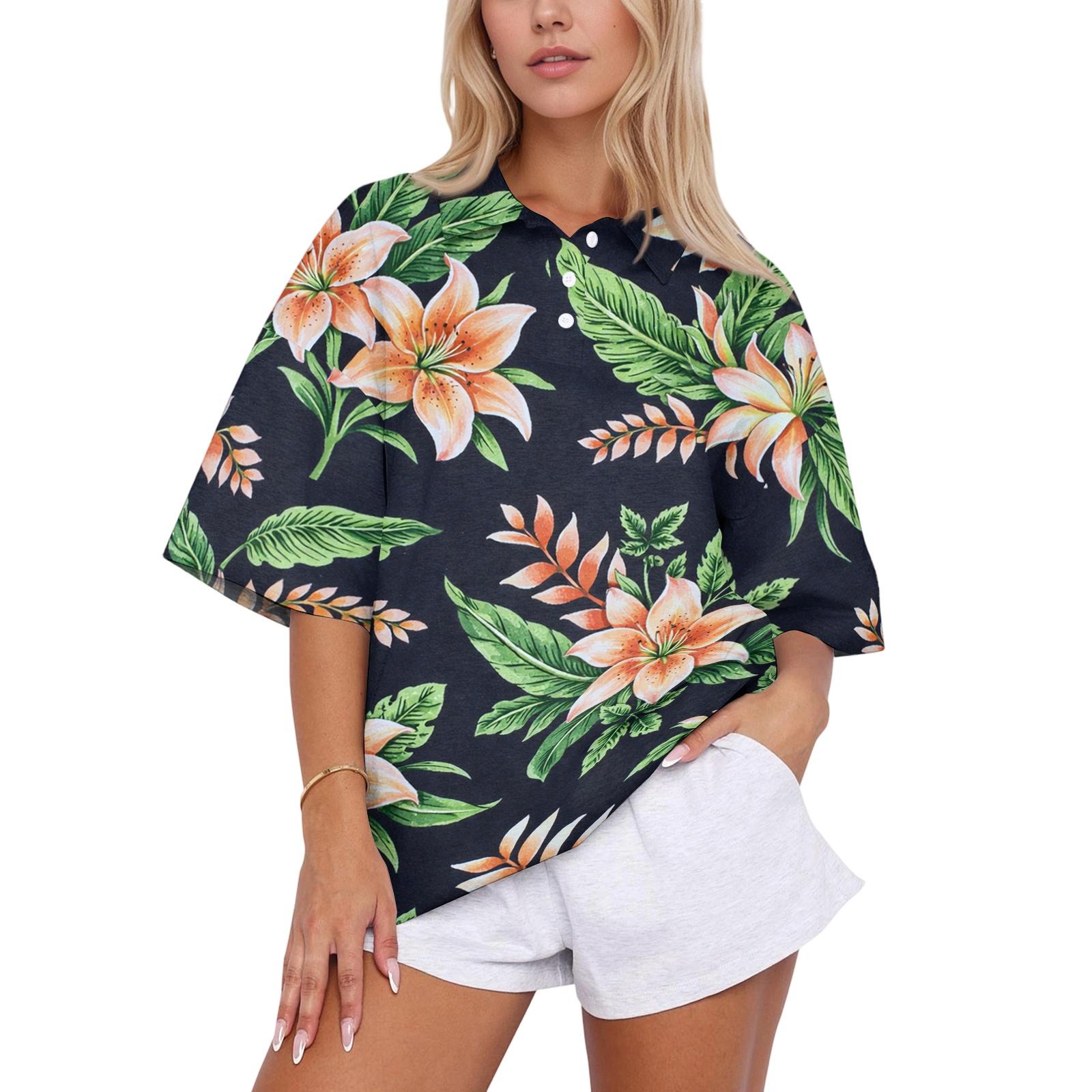 

Women Casual Polo Shirt Loose Fit Short Sleeve Button Down Collar Tropical Print Summer Top M зелений