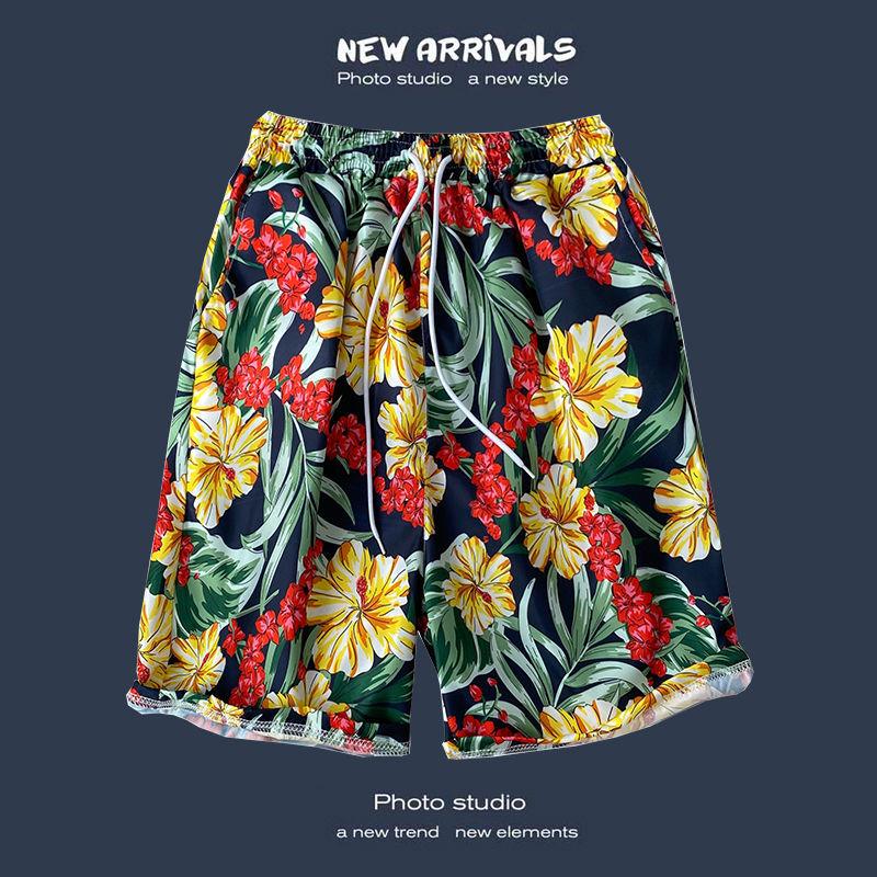 Men's Casual Loose Fit Five Point Shorts Trendy Floral Beach Vacation Couple Shorts Comfortable Versatile Summer Bottoms