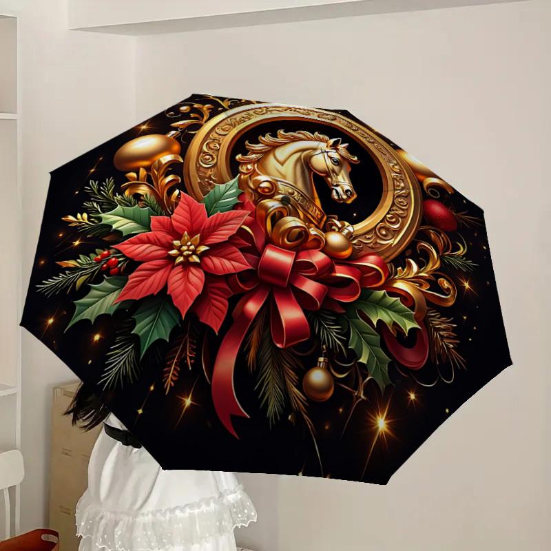 1pc Golden Horse Decoration Fashionable Automatic Opening/Closing Folding Umbrella with 8 Iron Bones, Plastic Handle yy251015067