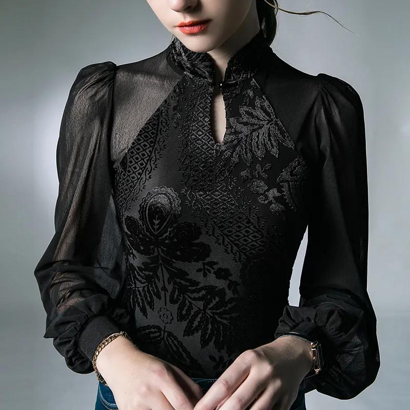 

Женская ретро-футболка с воротником-стойкой и длинным рукавом для весны и осени, топ-лонгслив с рукавами-фонариками XXS чёрный