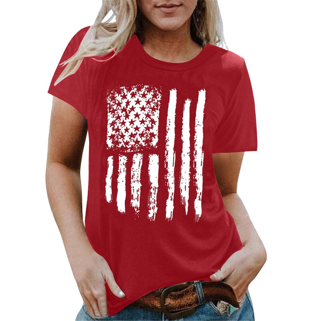Real Shot Amazon Independence Station Cross-border European, American Independence Day Printed Short Sleeve Top Women's Summer Outer Bottom Shirt