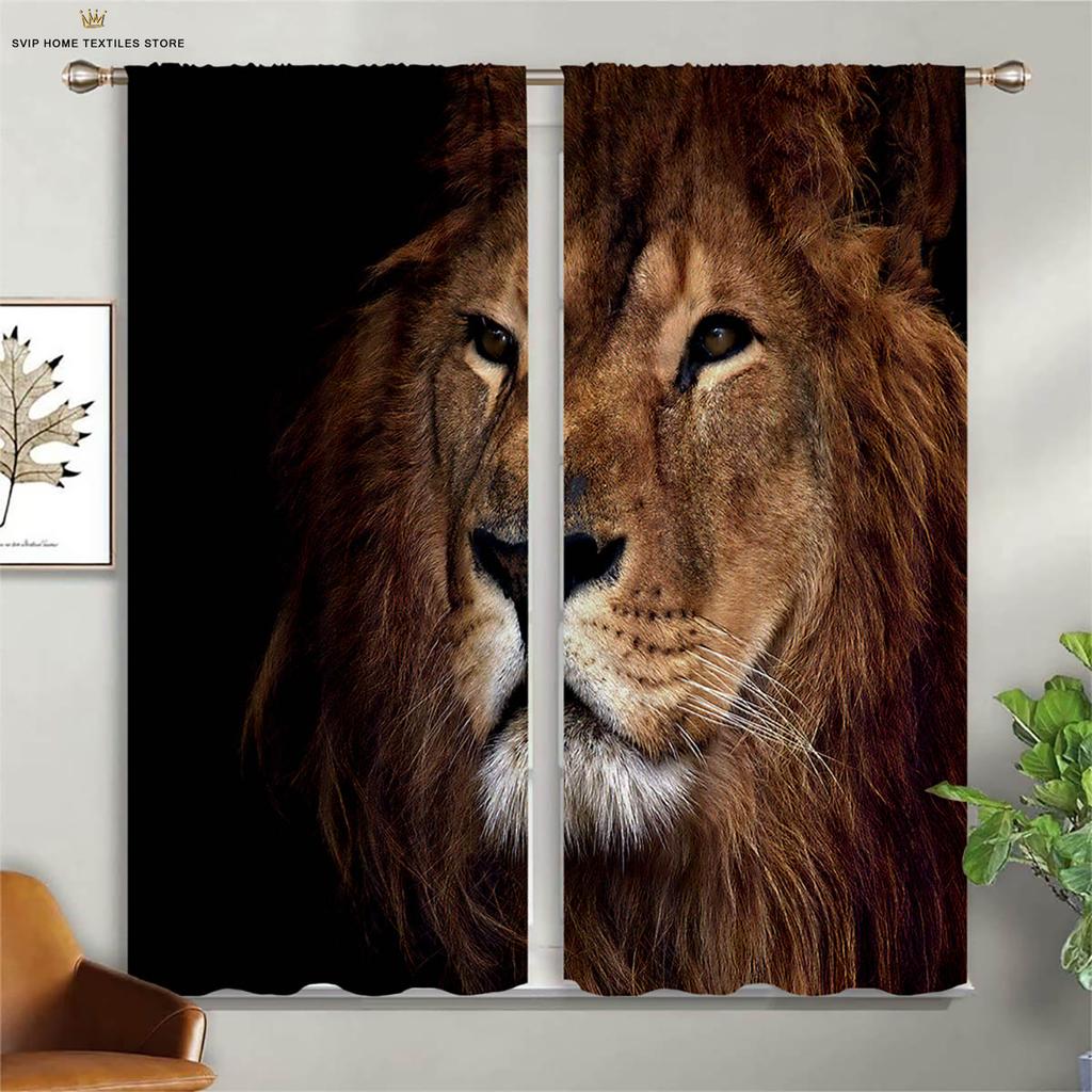 2 Pieces Of Animal Lion Black Panther 3d Printing Curtains Black Silk Blackout Heat Insulation Curtains Window Curtains