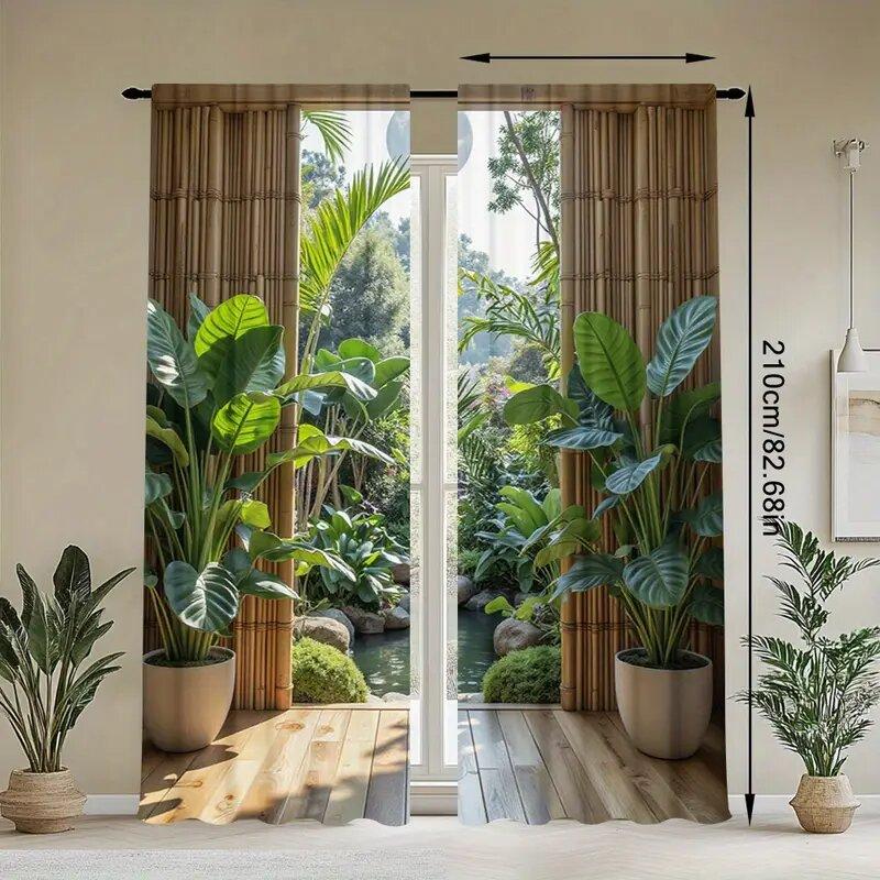 Bamboo leaf and green plant printed curtains are suitable for bedrooms and living rooms, home decoration, and Christmas