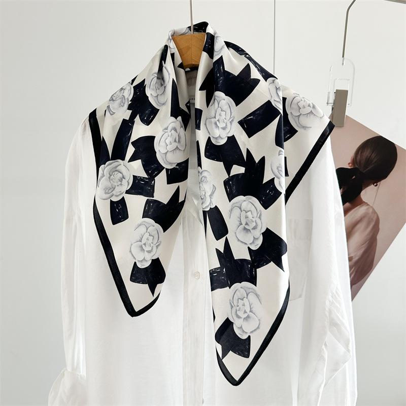Silk scarf women's spring and summer small fragrant wind camellia mulberry silk temperament printing versatile Chinese square scarf outer scarf shawl