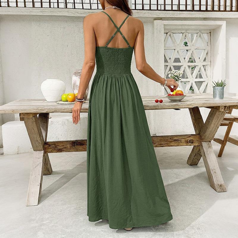 Ethnic Vacation Style Solid Color Lace Backless Spaghetti Strap High Waist Maxi Dress For Women
