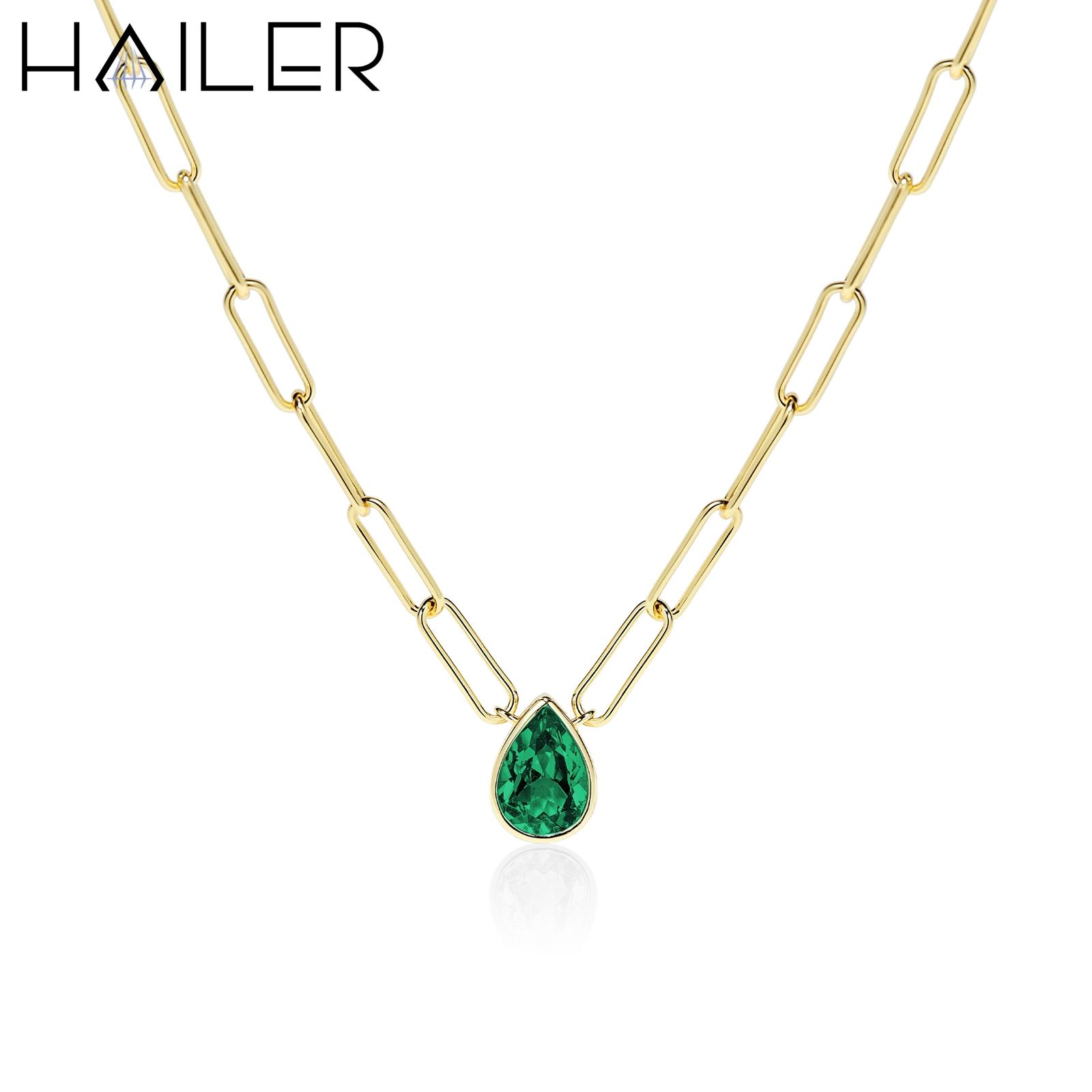 Pear Shape Faceted Gemstone Emerald Necklace 18K Gold Plated Sterling Silver Necklace 925 Woman Necklace 18 inches(45cm)&925 silver+lab emerald зелёный