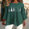 Women's fashionable printed round-neck T-shirt, with asymmetrical cross-over hem design, machine washable