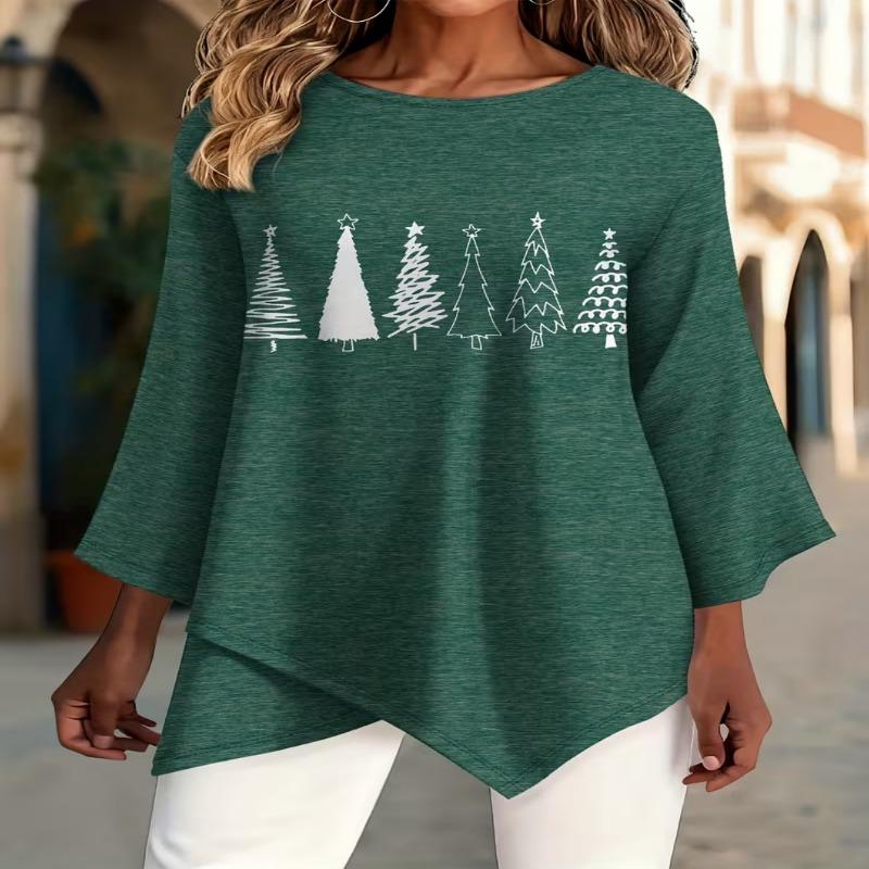 Women's fashionable printed round-neck T-shirt, with asymmetrical cross-over hem design, machine washable